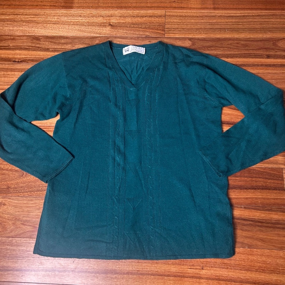 JAOK Scotland vintage‎ green Cashmere feeling V-Neck Knit Sweater Pullover Top